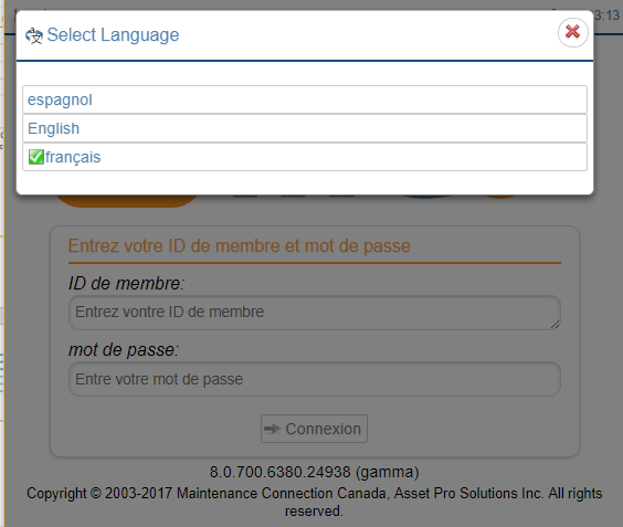 Select Language Screen
